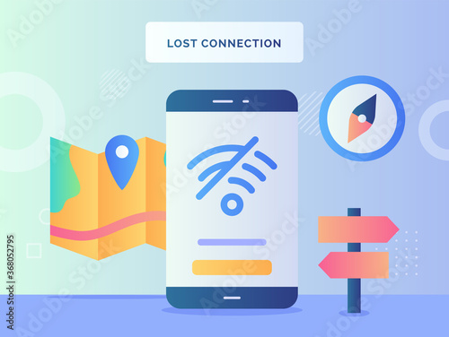 Lost connection concept wifi icon cross out no signal internet access on display smartphone screen background of compass map signpost with flat style.