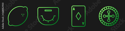 Set line Playing card with diamonds, Casino slot machine with lemon, Poker table and Casino roulette wheel. Gradient color icons. Vector.