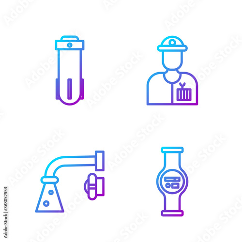 Set line Water meter, Water tap, Water filter and Plumber. Gradient color icons. Vector.