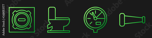Set line Water meter, Manhole sewer cover, Toilet bowl and Industry metallic pipe. Gradient color icons. Vector.