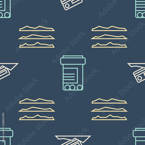 Set line Cocaine and credit card, Cocaine or heroin drug and Medicine bottle and pills on seamless pattern. Vector.