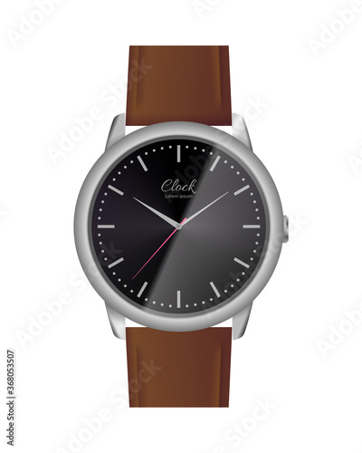 Classic analog watch with black face. Elegant wrist watch with brown leather strap. Conception of punctuality, accuracy and time measurement flat vector illustration isolated on white background.