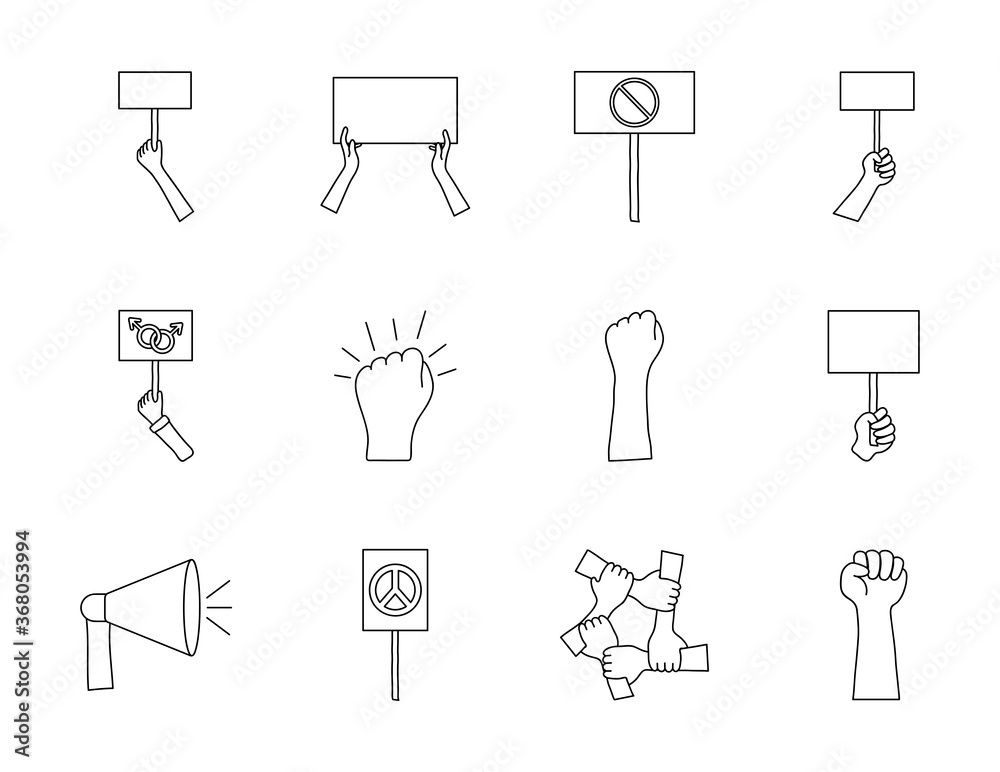 blank placards and protest concept icon set, line style