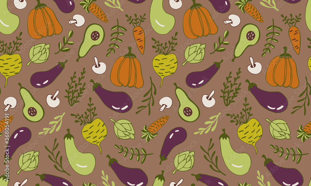 Vector seamless pattern of vegetables. Hand drawn doodle illustration of healthy farm food. Organic veggie grown in the garden.