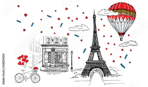 Set of hand drawn French icons, Paris sketch illustration