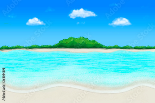 Green tropical paradise island landscape with blue cloudy sky and still sea water