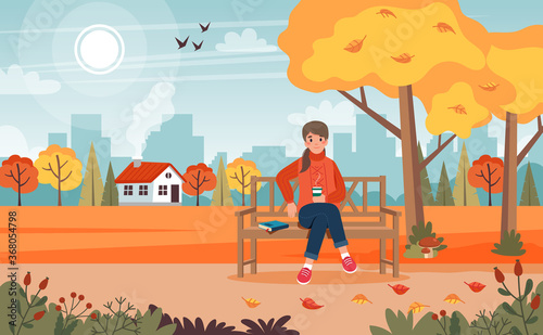 Woman in autumn, sitting on a bench in park with landscape. vector illustration in flat style