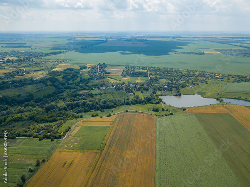 Aerial drone view. A field of ripening wheat and corn in Ukraine near the lake.