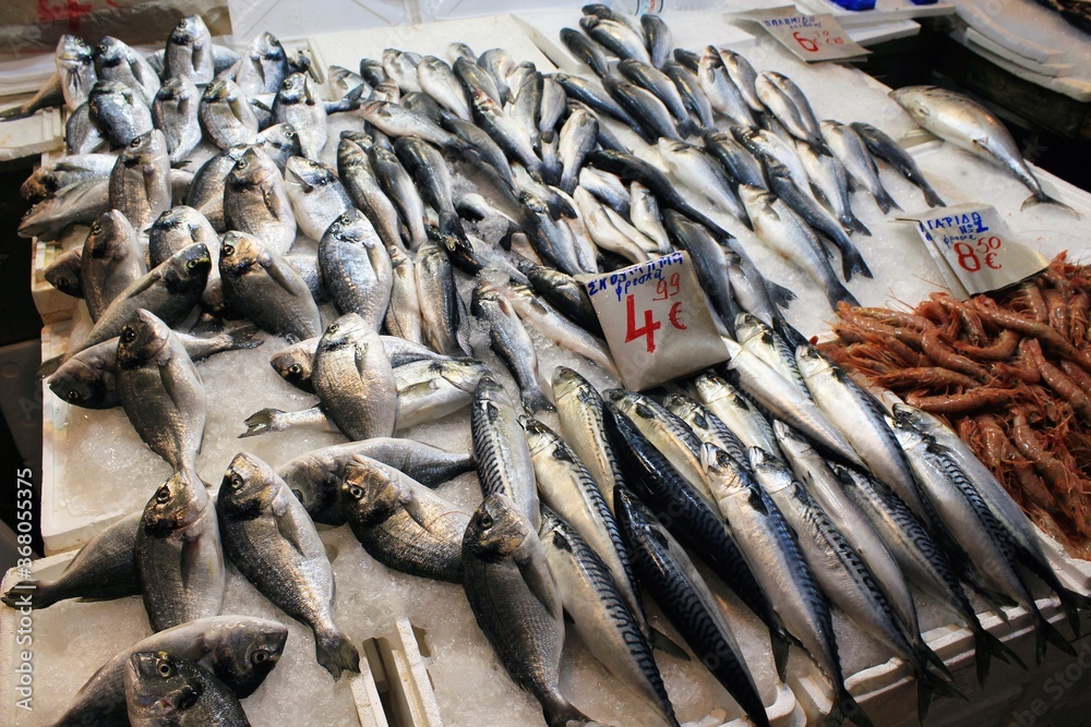 Stalls with sea food at fish market in Athens, Greece, July 27 2020.