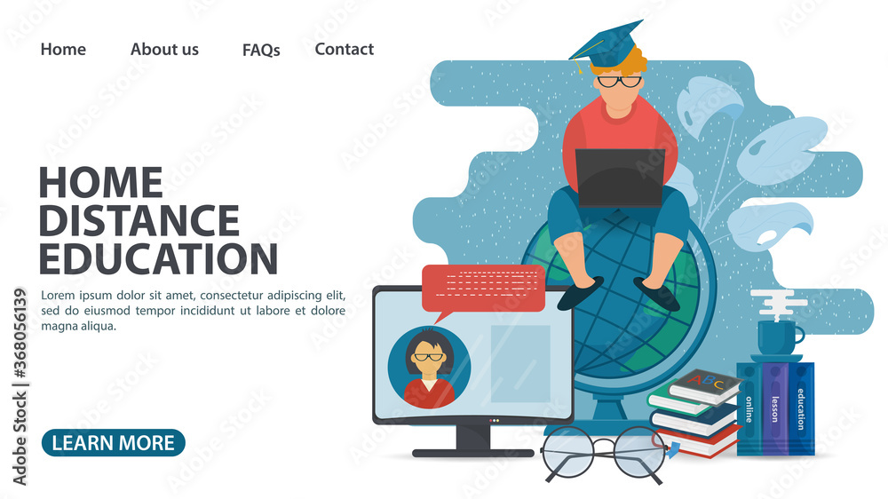 Online training web page design a guy sits on a globe next to a computer monitor home education in computer Internet technologies flat vector illustration cartoon Online training web page design a guy sits on a globe next to a computer monitor home education in computer Internet technologies flat vector illustration cartoon