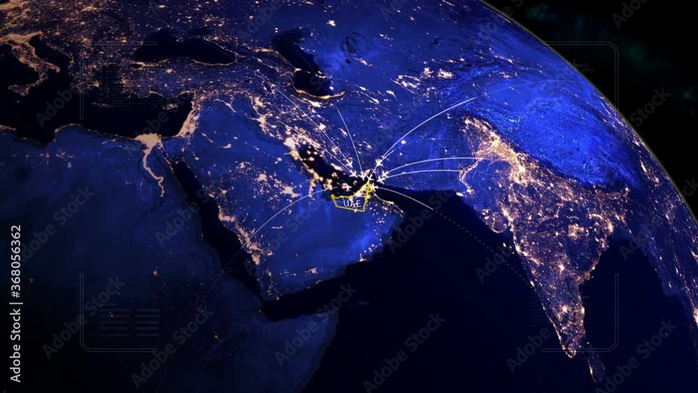 Flying to UAE from many destinations.Dubai opens borders for tourists.Airplane trip on the map.HUD with digital data code.Good for tourist company, airways advertisement. All flying to Dubai. 