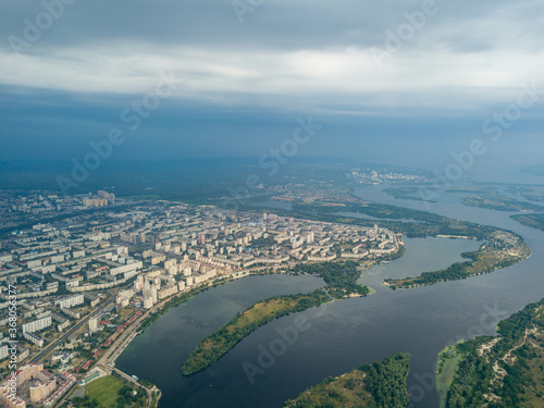Aerial view of the Dnieper River and the city of Kiev from above. Summer sunny day. © Sergey