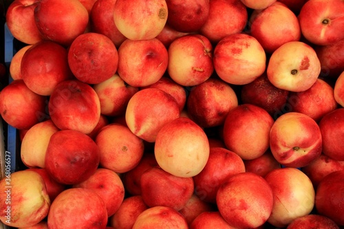 Close up of peaches at street market in the center of Athens in Greece, July 27 2020.