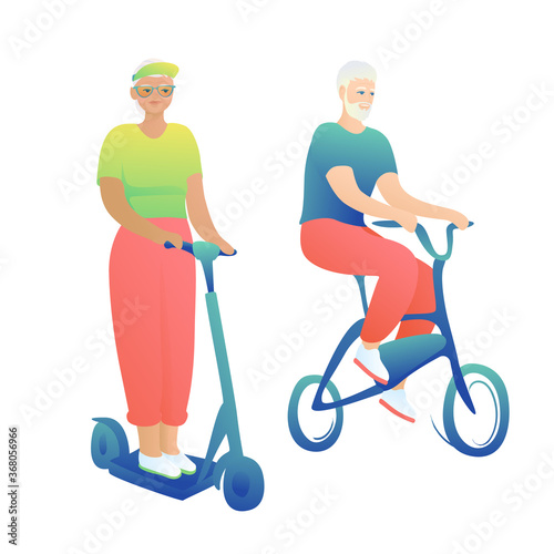 Stylish grandmother riding an electric scooter in a white background with a fashionable grandfather on a bicycle. An elderly husband and wife ride. Active lifestyle concept. 