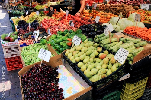 Stalls with fruits and vegetables at street market in the center of Athens in Greece, July 27 2020.