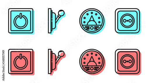 Set line Ampere meter, multimeter, voltmeter, Electric light switch, Electrical panel and Electrical outlet icon. Vector.