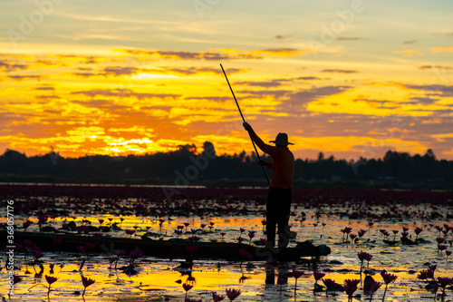 A fisherman catching freshwater fish during on sunsrise. Silhouette.