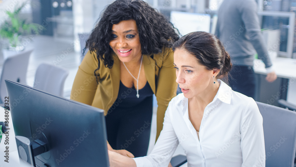In Bright Modern Office: Beautiful Businesswoman Sitting and Working at Her Desktop Computer with Female Project Manager Standing Beside Her, They Have Discussion, Find Problem Solution In Bright Modern Office: Beautiful Businesswoman Sitting and Working at Her Desktop Computer with Female Project Manager Standing Beside Her, They Have Discussion, Find Problem Solution