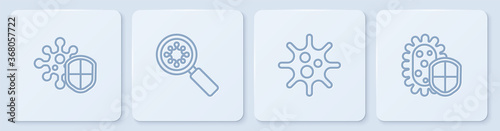 Set line Shield protecting from virus, Virus, under magnifying glass and . White square button. Vector.