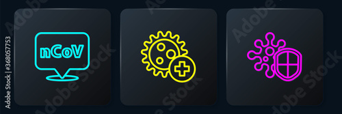 Set line Corona virus 2019-nCoV on location, Shield protecting from and Positive. Black square button. Vector.