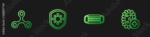 Set line Medical protective mask, Virus, Shield protecting from virus and Positive. Gradient color icons. Vector.