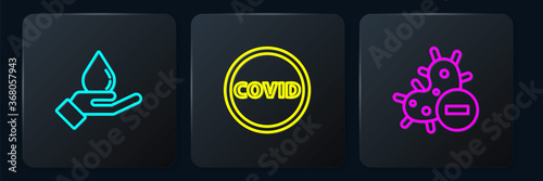 Set line Washing hands with soap, Negative virus and Corona covid-19. Black square button. Vector.