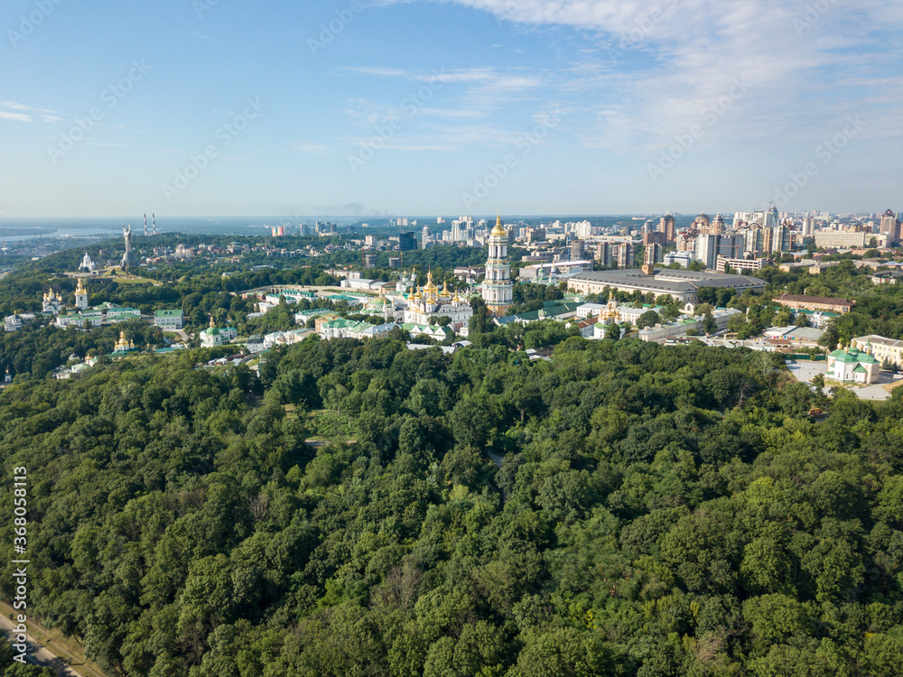 Aerial drone view. Monastery Kiev-Pechersk Lavra. Clear sunny summer day.