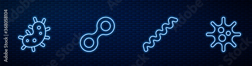 Set line Virus, , and . Glowing neon icon on brick wall. Vector.
