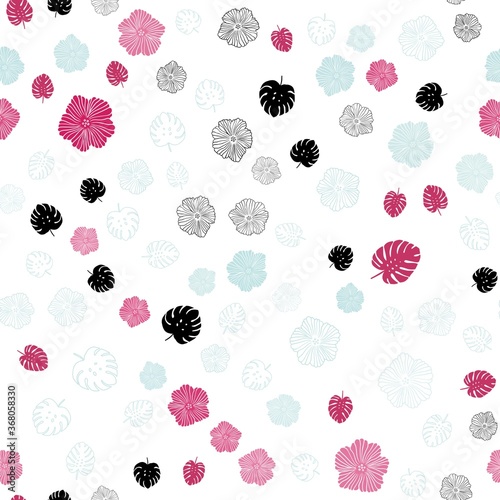 Light Blue, Red vector seamless doodle pattern with leaves, flowers. Creative illustration in blurred style with leaves, flowers. Texture for window blinds, curtains.