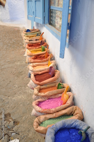 Bags with powder for leather paint and dying at the street of fes, Morocco.