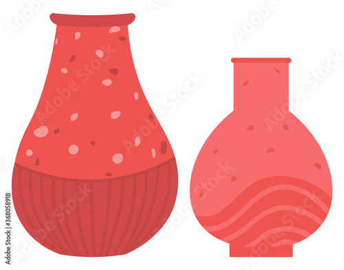 Set of striped vase isolated on white. Crockery decorative jar with waves ornament, color pot in flat style design, ceramic flowerpot. Handmade items from clay. Vase for flowers. Vector illustration