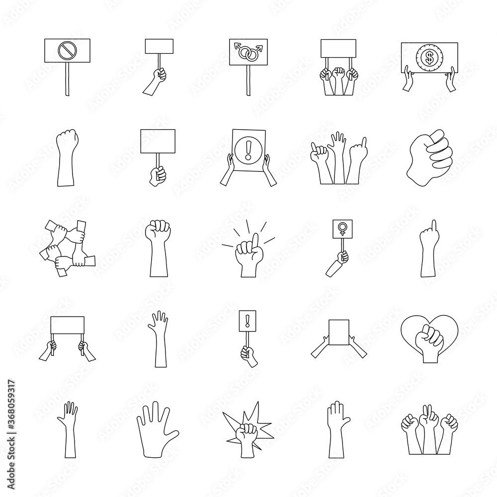 icon set of protesting hands, line style icon set of protesting hands, line style