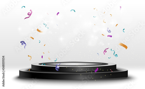 Winner background with signs of first, second and third place on a round pedestal. Vector winner podium sports symbols.