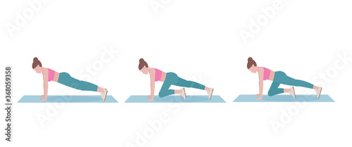 Woman doing exercises.  Step by step instruction for doing Mountain Climbers it which helps build strength in your hips. Isolated vector illustration in cartoon