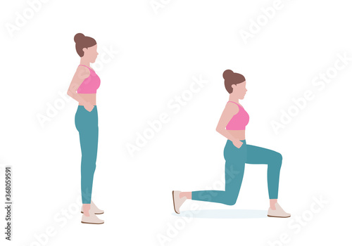 woman doing exercises.  Step by step instruction for doing Reverse Lunge is great for developing an athletic lower body, perfect for any sport requiring speed and power. Isolated vector illustration 