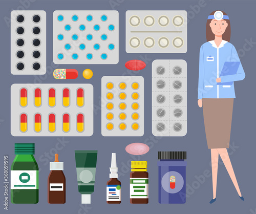 Medical staff, otolaryngologist. Medical or healthcare web icons colorful containers, jars, plates of pills, tablets, bottles with nasal drops, cream tube, container with capsules. Treatment set