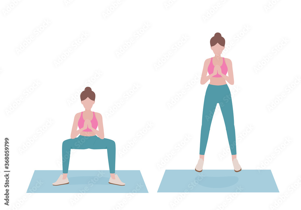Woman doing exercises.  Step by step instruction for doing Squat Jumps. It’s efficient at making your glutes, legs, and lungs burn after just a few reps. Isolated vector illustration in cartoon style.