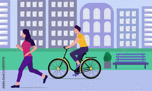 Vector illustration of a running woman and a man on a bicycle riding in a city park. Sports and healthy lifestyle. Active recreation concept. Leisure activity