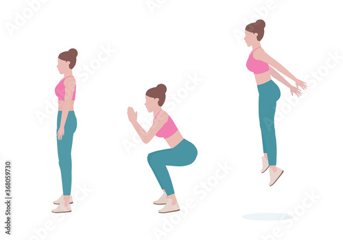 Woman doing exercises. woman in pink shirt and a blue Long legs. Step by step instruction for doing jump squats. Sports silhouettes. Fitness and health concepts.