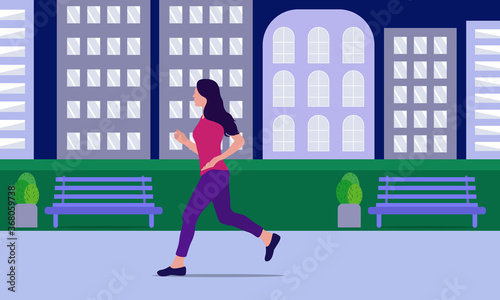 Vector illustration of a woman running through the evening city park. Sports and healthy lifestyle