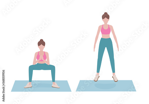 Woman doing exercises. woman in pink shirt and a blue Long legs. Step by step instruction for doing squat jump. Sports silhouettes. Fitness and health concepts.