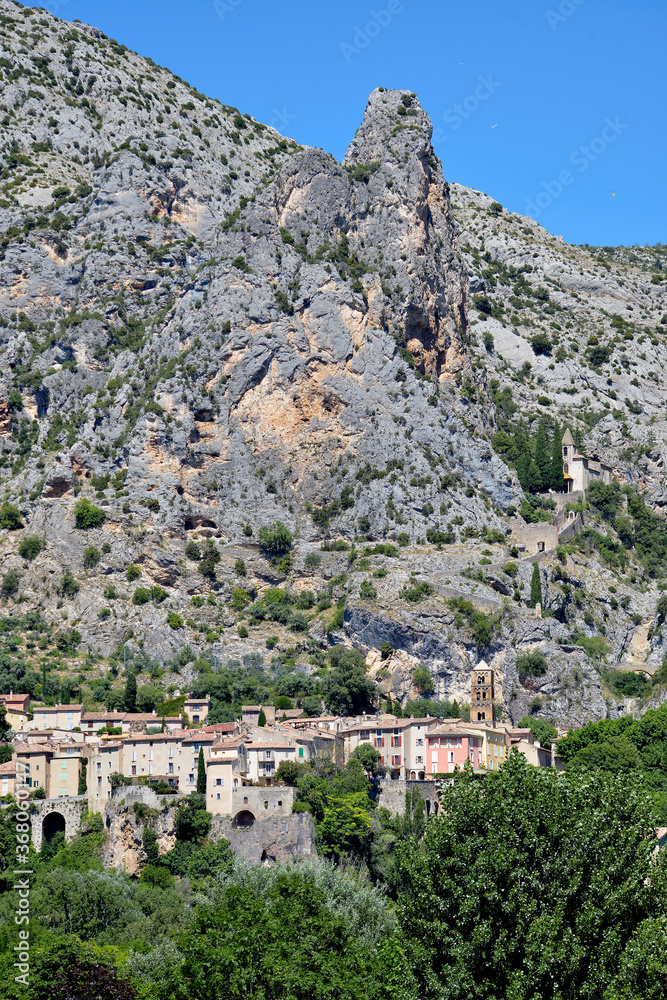 Moustiers-Sainte-Marie at the foot of the mountain,commune in the Alpes-de-Haute-Provence department in southeastern France