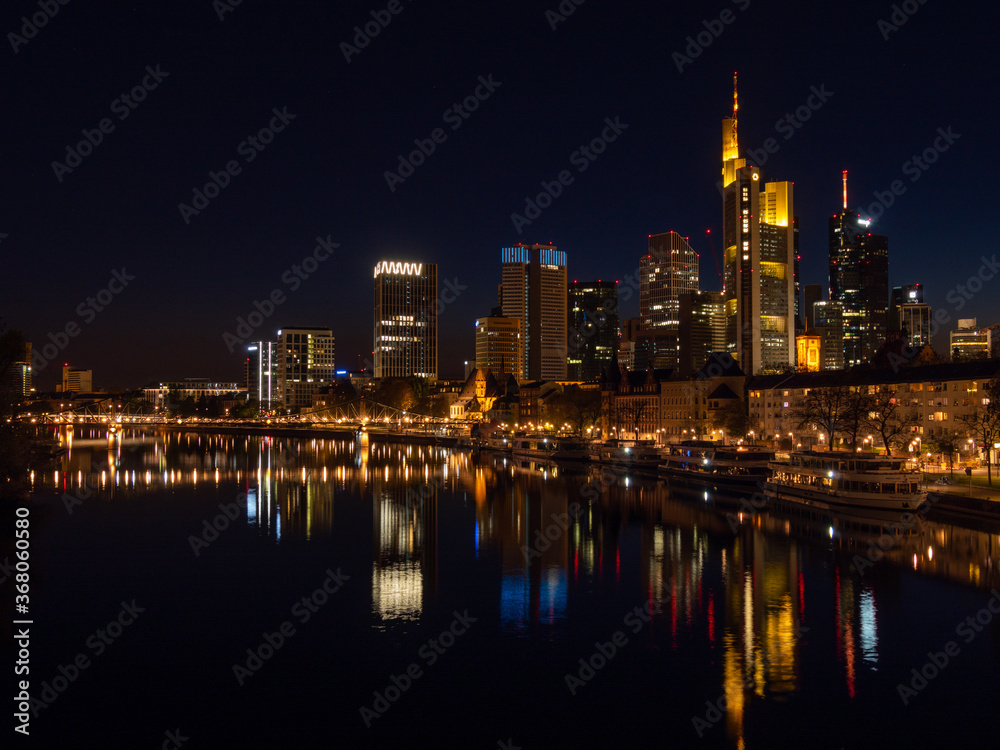 Frankfurt-am-Main, GERMANY- April 11, 2020:  Skyline of Frankfurt, Germany at night.