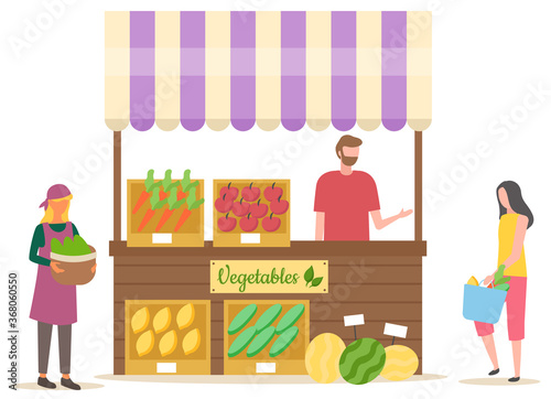 Seller selling vegetables, woman buying products. Tent with carrot and tomato, bell pepper, zucchini and watermelon, marketplace and retail vector