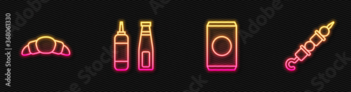 Set line Soda can with straw, Croissant, Sauce bottle and Grilled shish kebab. Glowing neon icon. Vector.
