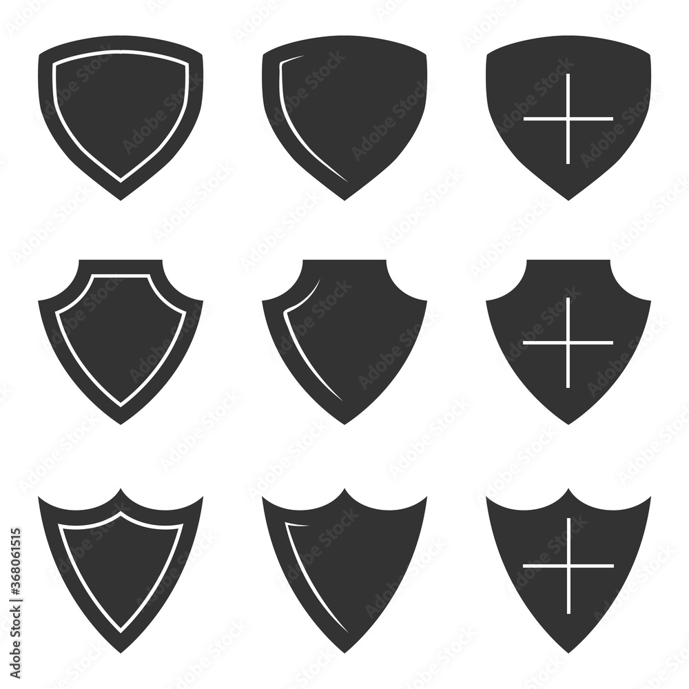 Collection of shield in glyph style. Shield icons. 240x240 pixel perfect icons. Protection symbol for web design banners and other, isolated on white background Collection of shield in glyph style. Shield icons. 240x240 pixel perfect icons. Protection symbol for web design banners and other, isolated on white background