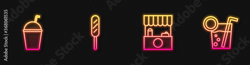 Set line Street stall with awning, Milkshake, Corn dog and Cocktail. Glowing neon icon. Vector.