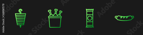 Set line Chocolate bar, Grilled shish kebab, Chicken leg in package box and Hotdog sandwich. Gradient color icons. Vector.