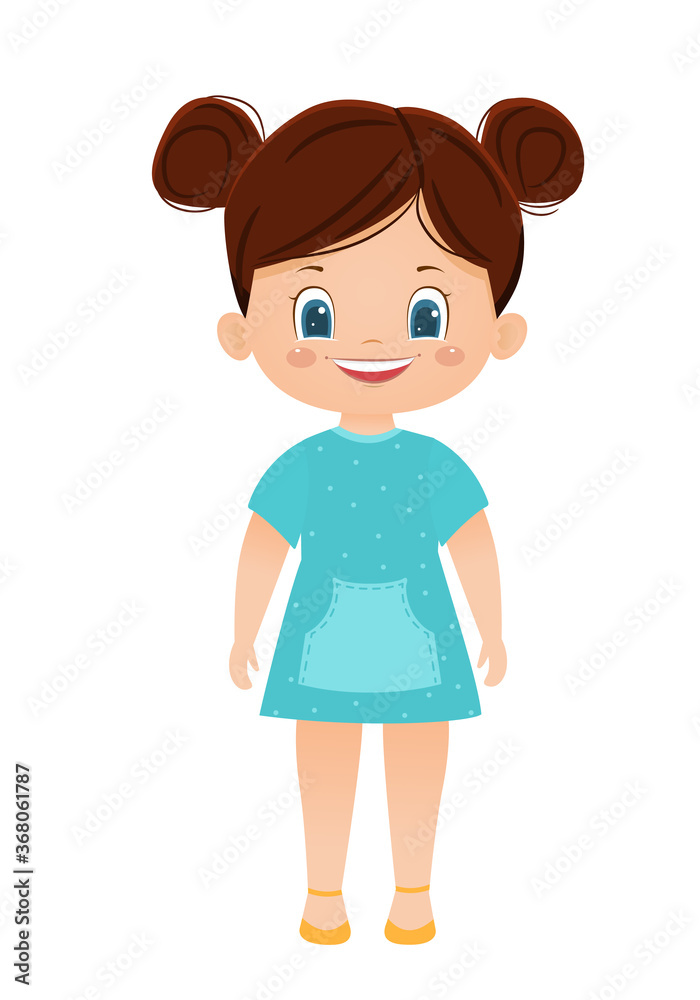 Cartoon vector smiling girl in a blue dress. Vector illustration.Isolated on white background