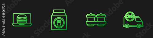 Set line Coffee cup to go, Online ordering burger delivery, and and Fast by car. Gradient color icons. Vector.